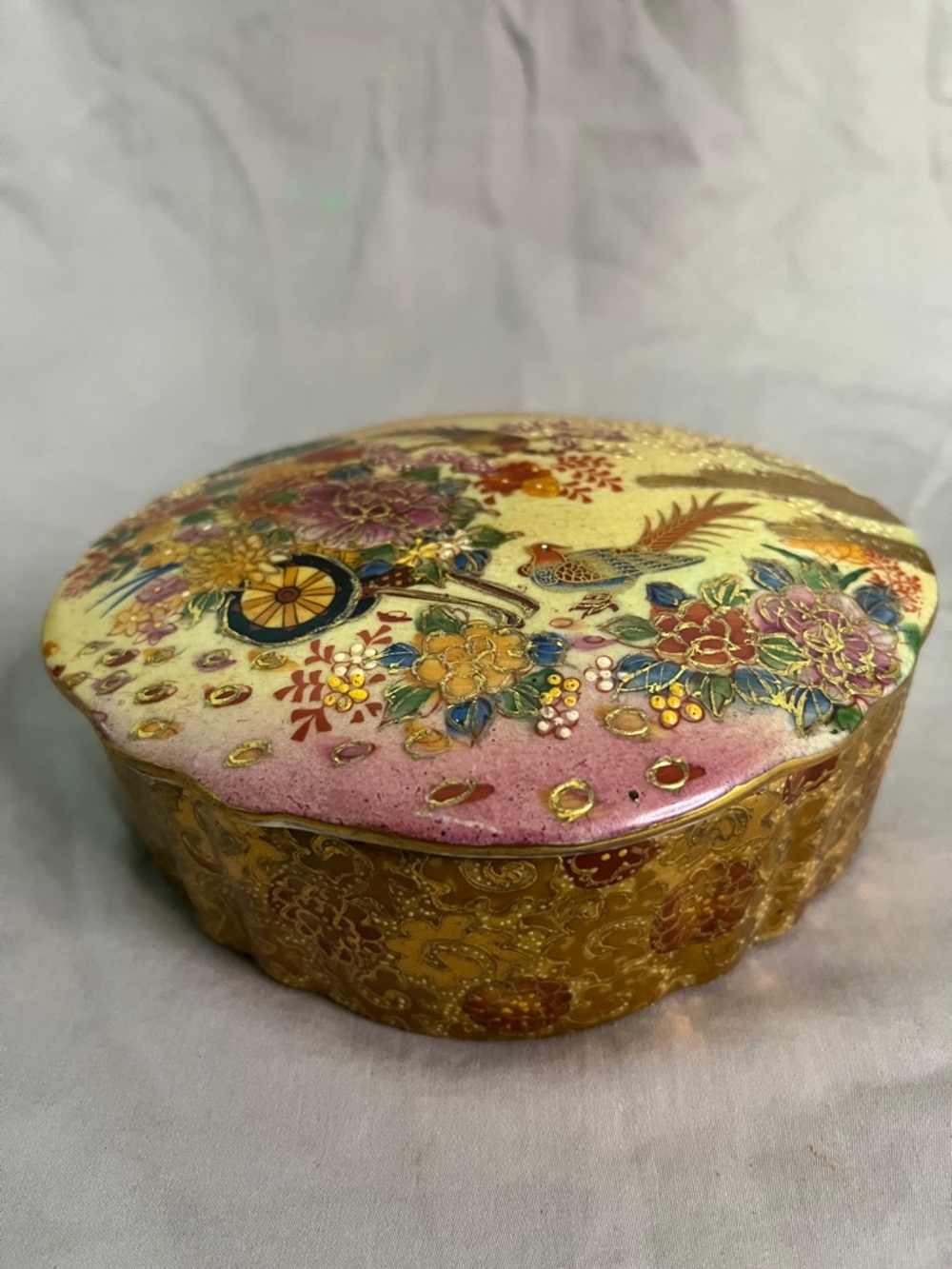 Antique Royal Porcelain Trinket Box Gold Embossed floral from Satsuma, China